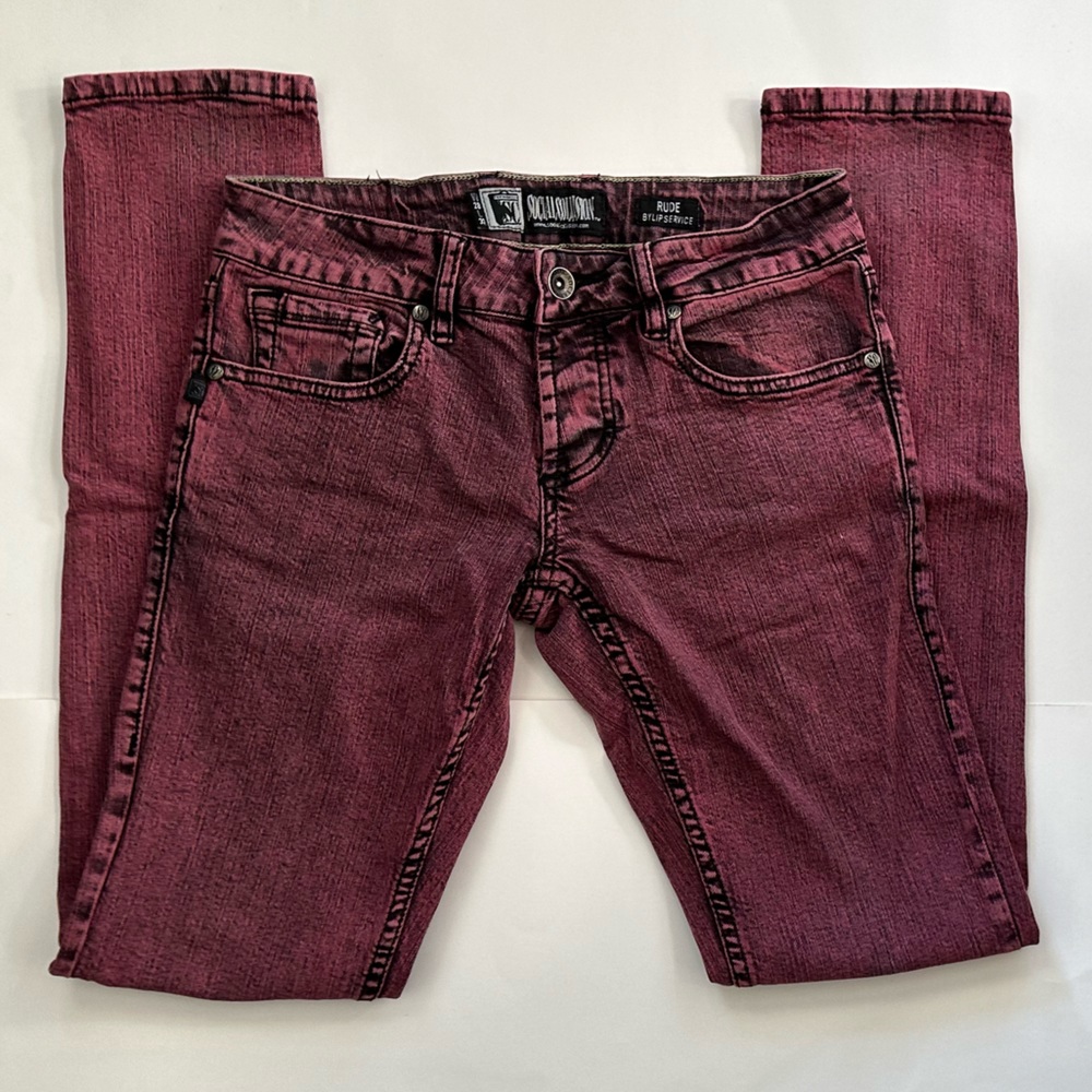 Social Collision RUDE by Lip Service, Magenta Maroon Skinny Jeans w/ Button Fly